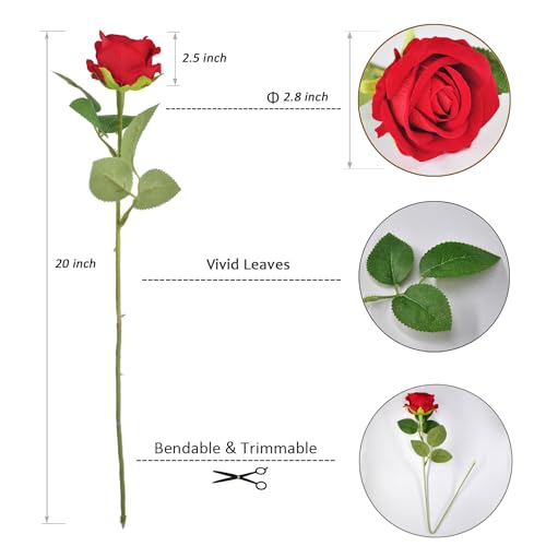 Kenpal Realistic Fake Roses Artificial Flowers with Stem for Decoration Floral Arrangement Centerpieces Wedding Bouquets (10, Red) - color: Red