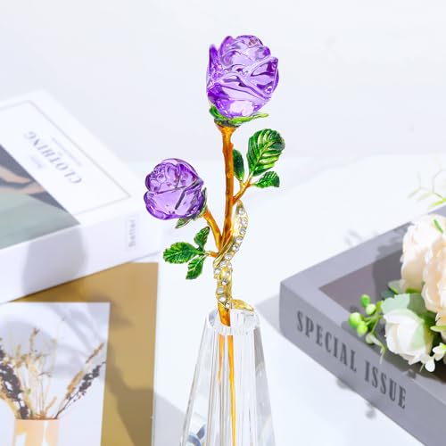 Arikyrist Purple Rose Flower Crystal Figurine with Vase, Handmade Bouquet Glass Flowers Ornament Rose Gifts for Wife Women, Crystal Flower Home Table Decor for Valentine Mother's Day Wedding - color: Purple 1