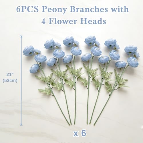 Artificial Silk Peony Fake Flowers,6PCS Artificial Faux Peonies Bulbs with 24 Silk Heads for Indoor Outdoor DIY Bouquets Wedding Centerpieces Home Decoration - color: Dusty Blue