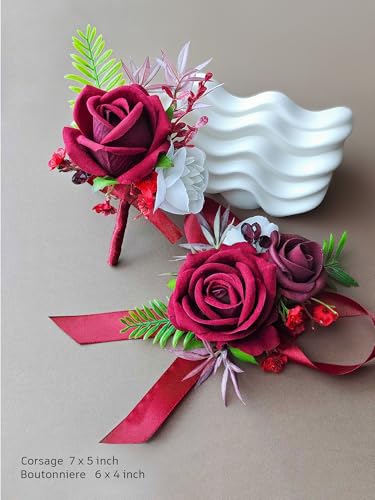 Corsage and Boutonniere Set with Burgundy Roses for Bride, Groom, Bridesmaids Groomsmen Weddings, Proms, Homecomings. Perfect Party Suit Decor Wedding Flowers Accessories (Burgundy) - color: Burgundy