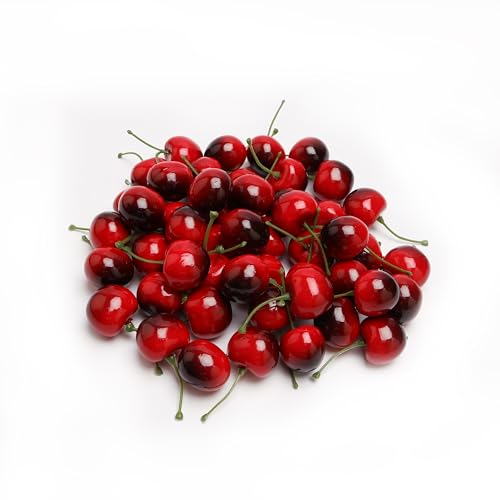 50PCS Simulation Cherry Fake Fruit Red Cherry is Used for Home Dining Table, Kitchen, Fruit Ornaments, Glass Jar Filler and Fruit Basket Supplement - color: Dark Red Cherry