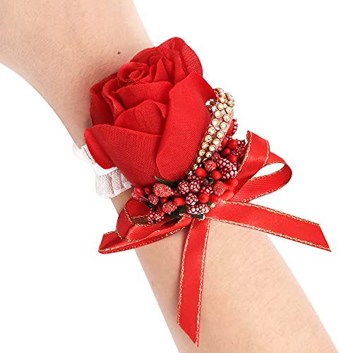 Wrist Corsage 4 Packs Wedding Bridal Wrist Flower Rose Wristband Corsage for Bride Bridesmaid Perfect for Wedding, Prom, Party (4 Packs, Wrist Flower-Red) - color: Corsage-red, size: 4 Packs