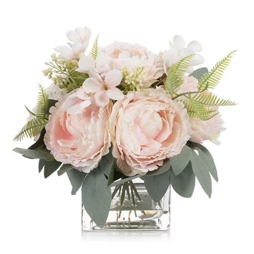 ENOVA FLORAL Artificial Flower Arrangement with Vase,Mixed Artificial Silk Peony Flower in Vase for Decoration Home Office, Wedding Centerpiece (Pink) - color: Pink