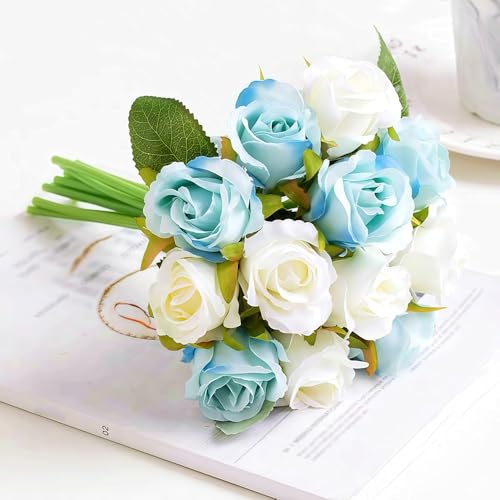 Jasion Artificial Roses Flowers 12 Heads Arrangement Silk Bouquet for Home Office Parties Bridal and Wedding Decoration (Blue and White) - color: Blue and White