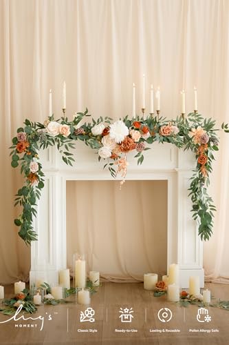 Ling's moment Fall 9FT Flower Garland for Backdrop Decorations - Wedding Arch Flowers, Eucalyptus & Rose, Artificial Floral Garland for Mantle - Sweetheart Table Decor for Ceremony, Terracotta - color: Or-terracotta & Orange