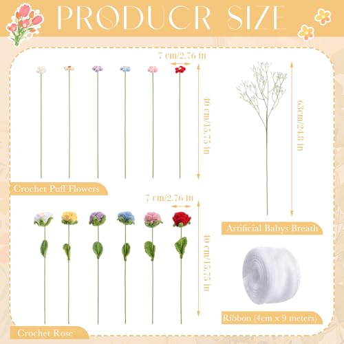 Suncalla 6 Bundle Mother's Day Crochet Flower Bouquet Handmade Crochet Rose Artificial Babys Breath Puff Flowers Bouquet Gift for Woman, Graduation Supplies(Multicolor,Rose) - color: Multi Color, style: Multicolor 1