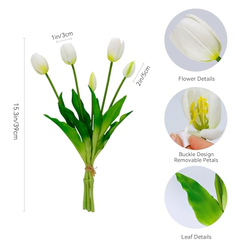 4 Budles (20Pcs) White Tulips Artificial Flowers 13" Latex Fake Flowers for Wedding Home Decor(White) - color: White
