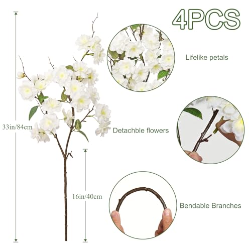 KHOYIME Artificial Cherry Blossom Branches 4PCS White Fake Silk Flowers Faux Long Stems Realistic Cherry Peach Floral Plants Spring Decor for Vase Table Centerpiece Indoor Home Office Wedding Party - color: White