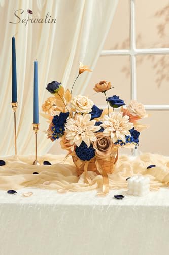 Serwalin Artificial Khaki Brown & Blue Flowers, Silk Fake Flowers for DIY Wedding Bouquets Cake Flower,Table Centerpieces Baby Shower Birthday Party Home Decorations - color: Khaki Brown & Blue, size: Grand