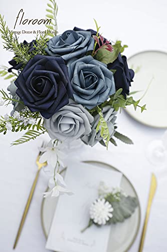 Floroom Artificial Flowers 25pcs Real Looking Dusty Blue Ombre Colors Foam Fake Roses with Stems for DIY Wedding Bouquets Bridal Shower Centerpieces Floral Arrangements Party Tables Home Decorations - color: Shades of Blue