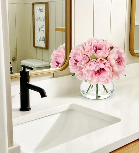 Hollyone Light Pink Peonies Artificial Flowers with Vase Faux Flowers Peony Fake Flowers Silk Flower Arrangements in Glass Vase with Faux Water for Bathroom Table Centerpiece Shelf Home Decor - color: Peony, Light Pink