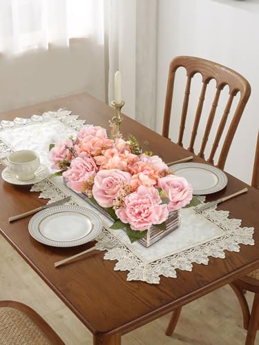 Flower Arrangement with Wooden Vase 14" Artificial Flowers in Pot - Fake Flowers Roses Peonies Hydrangeas in Wooden Vase Potted Artificial Flower Centerpieces for Table Decor Living Room - Dusty Pink - color: 14"l Dusty Pink