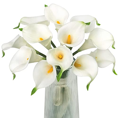 Letjolt Artificial Calla Lily Flowers 12Pcs Realistic Bouquet | Fake Flower Bouquet, Home Decoration, Wedding Party Decor - color: Yellow-white