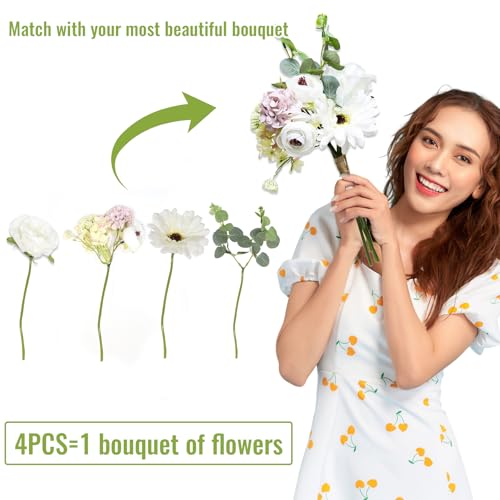 Zerzsy Artificial White Peony Flower Bouquet with Green Leaves Stem, 4pcs Stems Silk Flowers Bouquet Fake Peonies Flower Arrangements Vase Decorating for Centerpiece Table Wedding Party Home - color: White-4, size: 1 Bouquet
