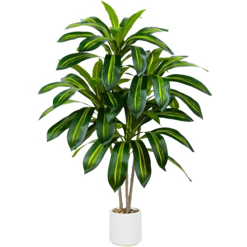 Artificial Dracaena Tree-4FT Fake Plants with White Planter-Artificial Plants Indoor Floor Plant in Pot-Tropical Fake Yucca Potted Tree for Home Office Living Room Decor - color: White, size: 4 FT
