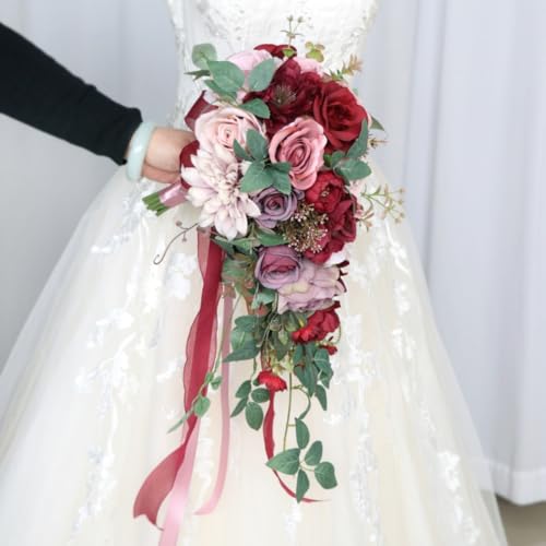 9.1 Inch Cascading Bridal Bouquet Waterfall Cascade Bridal Wedding Bouquet for Bride with Artificial Rose Flower Ribbon Rustic Burgundy Mauve and Pink - color: Burgundy, Mauve & Pink