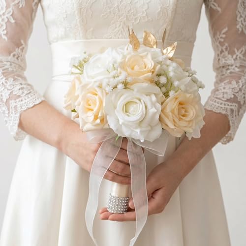 Wedding Bouquets for Bride, White and Champagne Bridal Bouquet | Realistic Silk Rose for Rustic Boho Church Ceremony, Proposal, Thanksgiving, Wedding Decor - color: White and Champagne