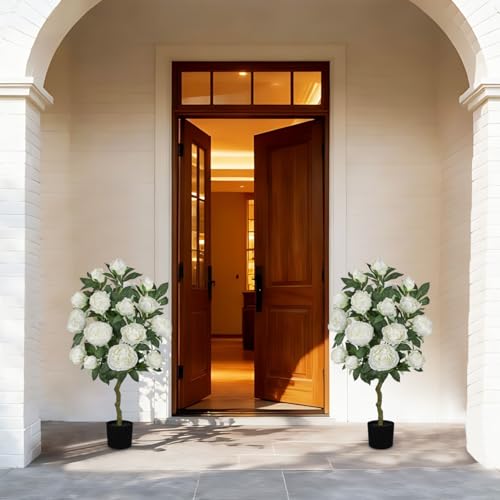 Hollyone White Fake Peonies Tree 3FT Peonies Artificial Flowers Tree in Pot Faux Peony Plants & Flowers in Planter Greenery Potted Plant Indoor Outdoor Front Door Porch Home Decor - color: 3ft - White