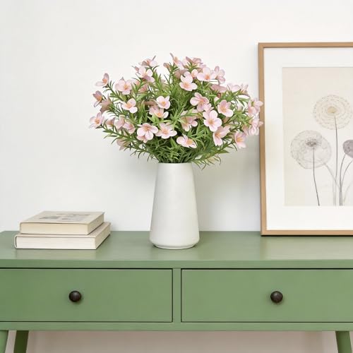 Artificial Pink Gypsophila Baby's Breath Flowers in Ceramic Vase, 6 Inch White Vase with Faux Cosmos Arrangement, Farmhouse Table Centerpiece for Home Office Shelf Desk Decor - color: Pink
