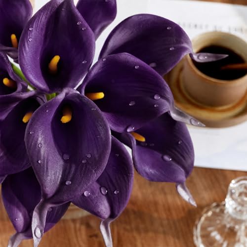Artificial Calla Lily 12Pcs Purple Real Touch Faux Flowers for Wedding Bouquet, Bride Bridal Shower, Spring Home Kitchen Table Decor, Fake Lilies for Centerpieces, Party Decorations - color: Deep Purple
