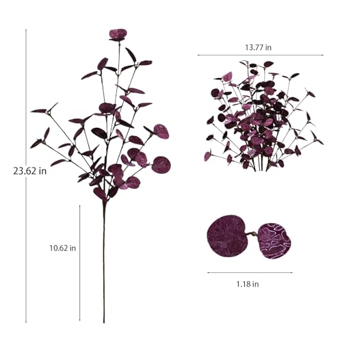 4PCS 24" Purple Artificial Eucalyptus Stems – Metallic Faux Eucalyptus Leaves for Halloween Decor, Fall Vase Arrangement & Christmas Home Decoration - color: Purple