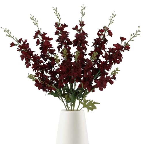 6PCS Burgundy Delphinium Artificial Flowers, 34.25" Long Stems Burgundy Flowers Artificial Larkspur for Tall Vase Faux Delphinium Flower Centerpieces for Tables Wedding Home Decor - color: Burgundy