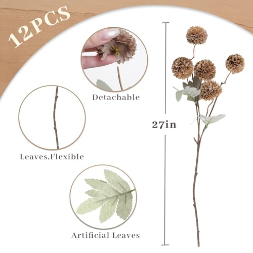 INQCMY Artificial Flowers 12 Pcs Fake Chrysanthemums Faux Kiku Flower Long Stem 20" Realistic Silk Pompon Mums for Vase Wedding Bouquets Centerpieces Home Decor (Coffee) - color: Coffee