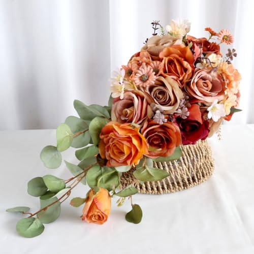 9.5 Inch Orange Cascading Wedding Bouquet for Bride Fall Artificial Rose Flower Cascade Bride Bridal Bouquet Rustic Boho Wedding Ceremony Anniversary Bridal Shower Fall Color Burnt Orange - color: Burnt Orange