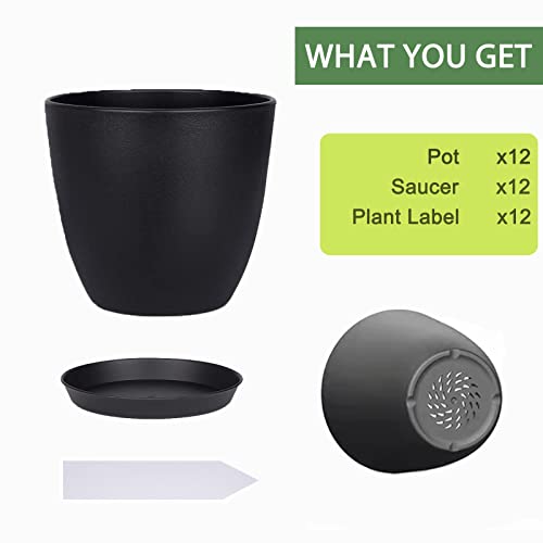 SwinDuck Plant Pots, 12 Pack 6 inch Modern Plastic Planters with Drainage Holes and Saucers for Indoor Outdoor Plants and Flowers, Black - color: Black