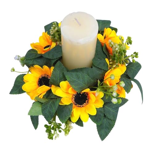 Sunflower Candle Ring Mini Summer Wreath Artificial Flower Pillar Holder 10" for Table Centerpieces Home Garland Farmhouse Wedding Rustic Party Decoration - color: Sunflower