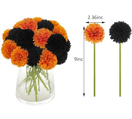 Kimura's Cabin 20Pcs Faux Mums Flowers Fake Chrysanthemum Artificial Silk Ball Flowers for Halloween Garden Home Kitchen Table DIY Decoration Center Fall Bouquets (Orange Black) - color: Orange Black