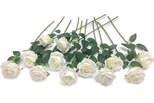 Laelfe 12 PCS Artificial Flowers Roses Silk Flowers Fake Long Stem Artificial Roses for Home Wedding Bathroom Kitchen Decorations - color: Off White