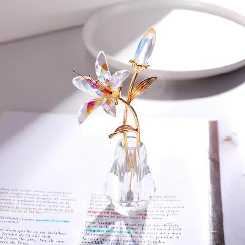YWHL Colorful Lily Flower Gifts for Women, Handmade Crystal Lily Flower Figurine Collectible with Vase, Home Wedding Party Decor(Colorful Lily) - color: Colorful