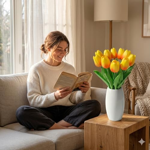 10 Stems Sunset Red Real-Touch Artificial Tulips with Premium Glazed Ceramic Vase – Modern Farmhouse Table Centerpiece（Premium Vase+ Sunset Red） - color: Premium Vase+ Sunset Red