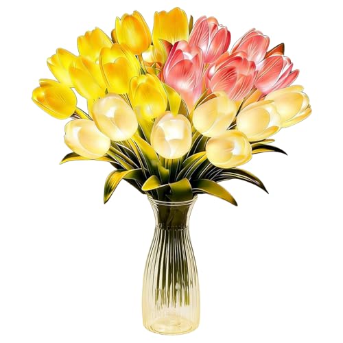 15pcs LED Lighted Artificial Flowers Tulip Lamp with Vase Real Touch Tulips Faux Flower Lights for Valentines Day Gift Easter Home Kitchen Wedding Dining Table Decor (Mix) - color: 15pcs Max