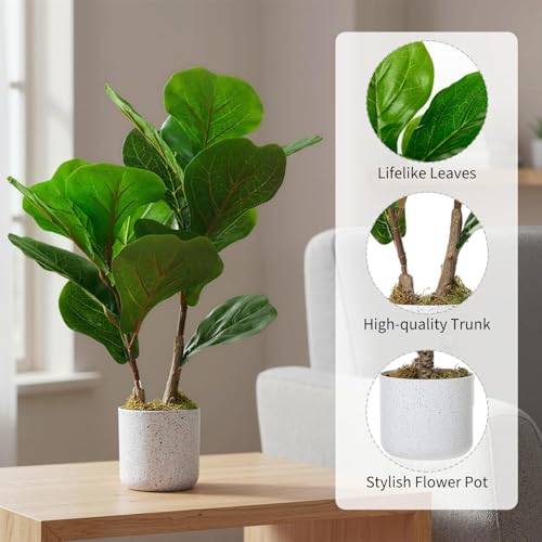 Artificial Fiddle Leaf Fig Tree in Pot 2 Sets, 15.7" Faux Ficus Lyrata Plant Green Bonsai in White Planter, Indoor Decorative Fake Tree for Home Office Desk Living Room, Modern Room Decor - size: 15.7 inches