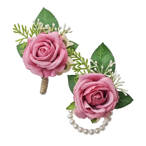 Pink Rose Corsage and Boutonniere Set Wristlet Corsage for Bride Bridesmaids, Boutonniere for Groom Groomsmen Prom Wedding Flowers Accessories,Homecoming, Anniversary, Graduation (Pink) - color: Pink