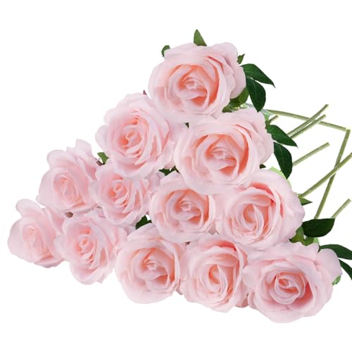 Felice Arts 12 Pack Light Pink Artificial Flowers Baby Pink Roses Fake Flowers Bouquet with Stems Silk Roses for Wedding Baby Shower Party Table Vase ValentineMother's Day DIY Decor - color: Pink