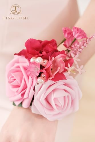 TINGE TIME Set of 2 Wrist Corsage (HotPink) - color: Hotpink