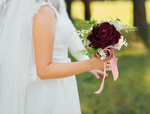 Burgundy Roses 16pcs Artificial Velvet Roses Maroon Flowers 4.3" Burgundy Fake Flowers Dark Red Roses for Wedding Bouquet Flowers for Floral Centerpieces Home Party Decor (Burgundy) - color: 4.3" Burgundy