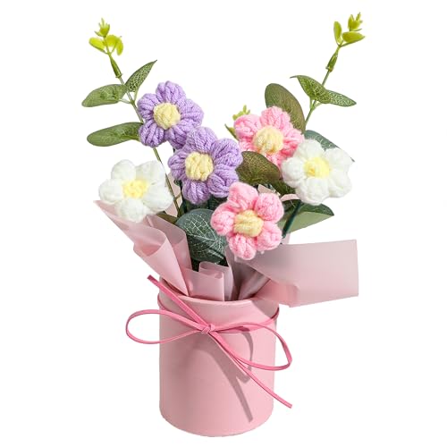 Vynora Crochet Daisy Flowers Bouquet, Valentine's Day Handmade Daisy Artificial Flowers with Card for Mother's Day, Birthday, Wedding, Home Decor, Teacher's Day, Grandma Bday Gift (Purple) - color: Purple Powder White