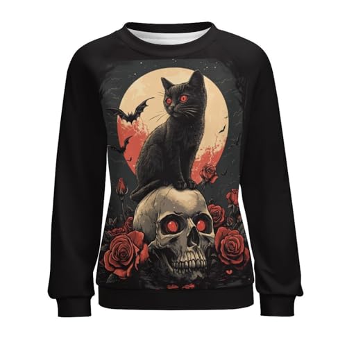 domirica Halloween Sweatshirts for Women Black Cat Print Pullover Crewneck Oversized 2024 Fall Fashion Casual Warm Shirt - color: Rosecat, size: Small
