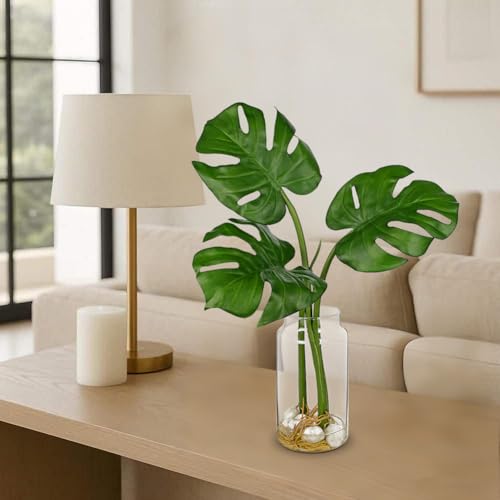 Oairse Artificial Monstera Leaves Plant in Glass Vase with Faux Water & Pebble - 16.5" Fake Tropical Plants Turtle-Back Plant Leaves Monstera Stem Greenery for Home Indoor Centerpiece Farmhouse Decor - color: Monstera