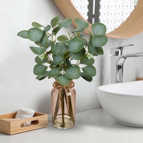 Briful Artificial Eucalyptus Stems in Teal Glass Vase with Faux Water, 14" Fake Plant Eucalyptus Leaves for Home Farmhouse Wedding Centerpiece Bathroom Décor - color: Teal