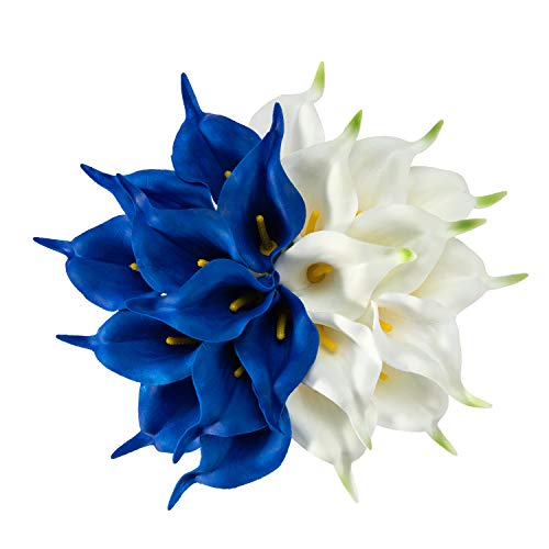 Crafjie 22pcs 13.4 Inch Lataex Real Touch Artificial Calla Lily Flowers, for Home Decor for Spring Flowers, Home Kitchen, Wedding Decorations, and centerpieces.（White and Navy Blue） - color: White and Navy Blue