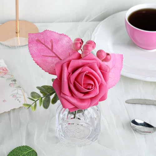 AmyHomie 25pcs Real Looking Artificial Hot Pink Roses w/Stem for DIY Wedding Bouquets Centerpieces Arrangements Party Baby Shower Valentines Day Christmas Tree Decorations - color: Hot Pink