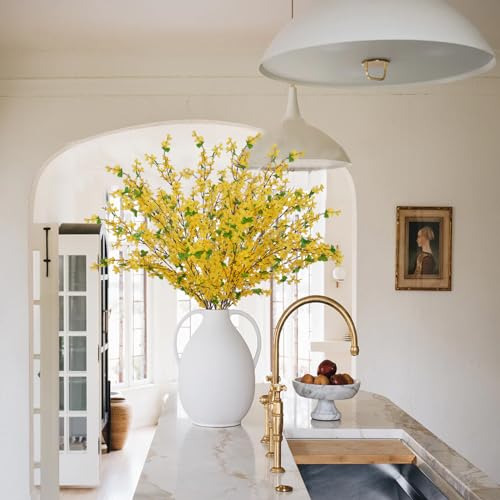6Pcs Artificial Forsythia Branches 35" Yellow Long Stem Artificial Flowers for Tall Vase Fake Silk Flowers Forsythia Stems for Home Table Centerpiece Kitchen Decorations - color: 6 Pcs Tall Stems Pcs