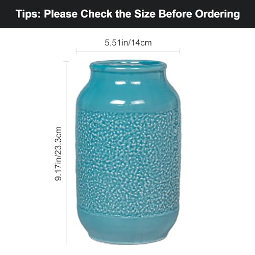 9 Inch Blue Ceramic Vase for Flowers - Textured Teal Cylinder Vase for Table Centerpieces, Modern Boho Vases Home Decor, Living Room, Kitchen Decor - color: Lake Blue