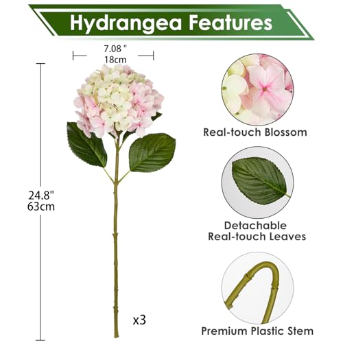 DILATATA Pink Fake Hydrangeas Real Touch Hydrangea Flowers 26" Large Artificial Hydrangea Flowers Silk Hydrangea for Wedding Bouquet, Home, Party, Store, 3pcs - color: Pink Cream, size: 3PCS