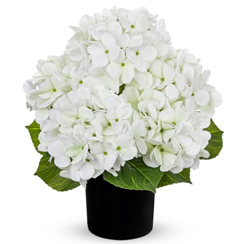 Hollyone White Hydrangea Artificial Flowers in Pots 15.7" Five-Head Faux Silk Hydranges Flower Arrangements for Indoor Home Office Kitchen Table Centerpieces Wedding Decorations - color: White, size: 5 Head Hydrangea